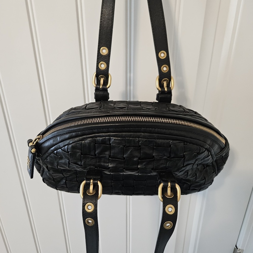 Escada Woven Satchel Shoulder Leather Bag Top Handle Gold Hardware Black - Picture 6 of 12